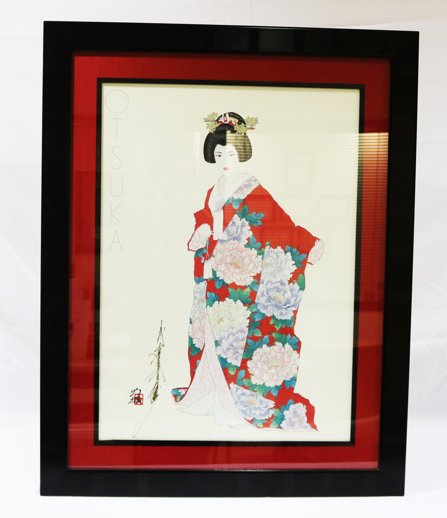 Hisashi Otsuka "Geisha in Red Floral Kimono" Signed print and Framed