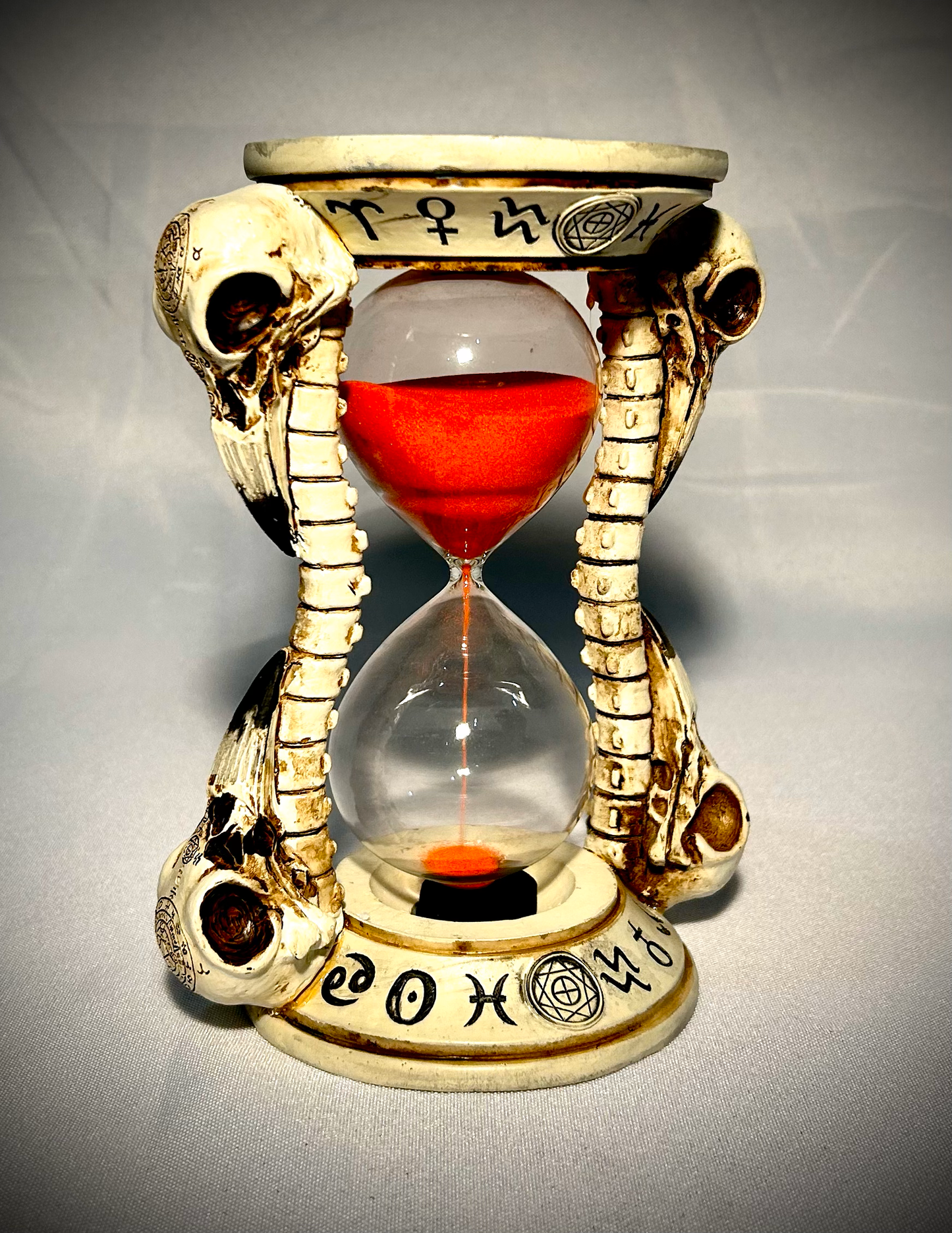 Raven Skulls And Skeleton Decorative Pillar Sand Timer w/ Alchemy Symbols