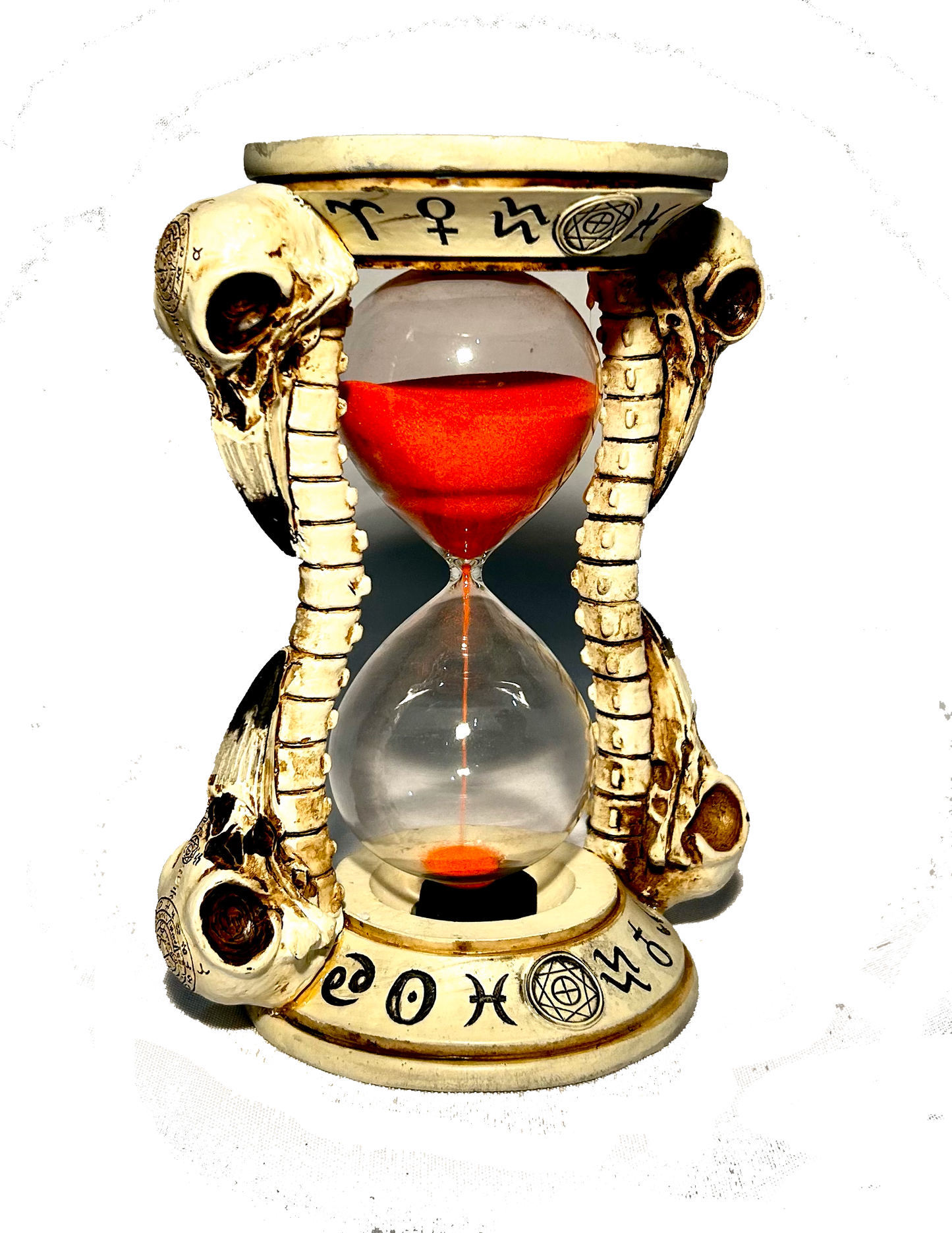 Raven Skulls And Skeleton Decorative Pillar Sand Timer w/ Alchemy Symbols