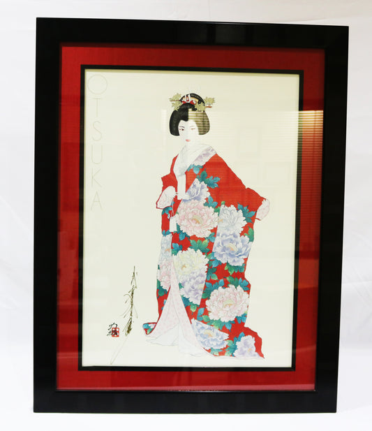 Hisashi Otsuka "Geisha in Red Floral Kimono" Signed print and Framed