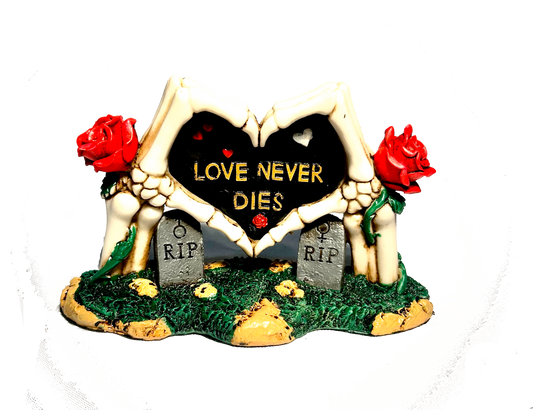Love Never Dies Skeleton Hand Heart Tombstone